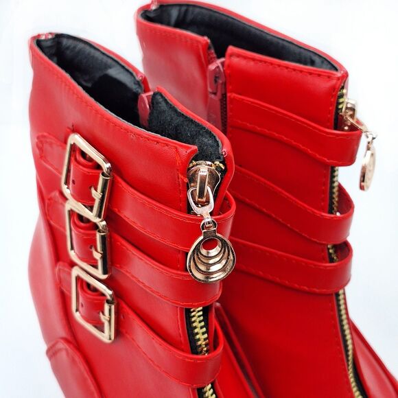 VTG 80s 90s Sexy Cherry Red Gold Buckle Strappy 3" High Heel Ankle Boots Sz 8.5 - Picture 2 of 9